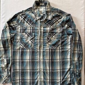 BKE Men's Blue and Gray Plaid Button-Down Shirt